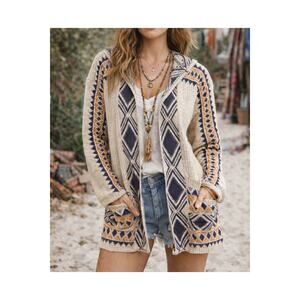 NWT Lucky Brand Boho Southwestern Aztec Open Front Hooded Cardigan Sweater Small